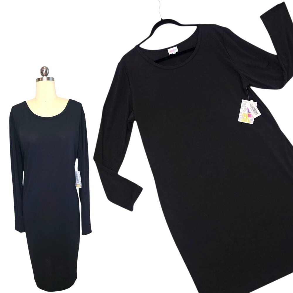 LuLaRoe Debbie Dress 3XL Solid Black Noir Fitted Long Sleeve Pencil Bodycon